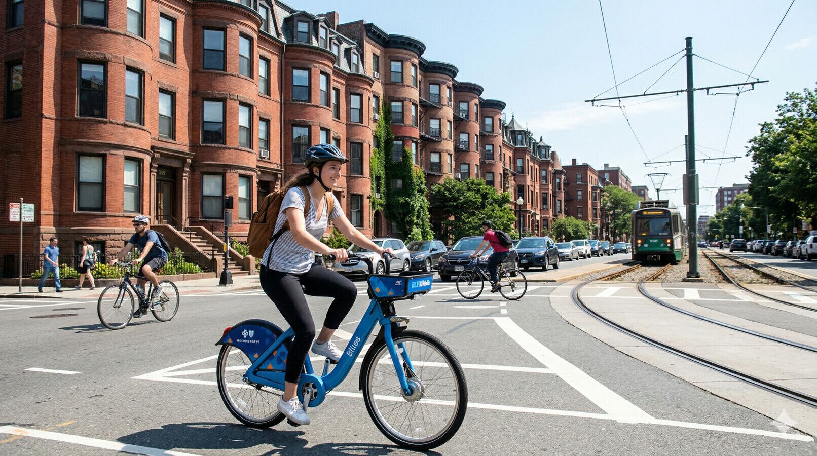 A street scene with a blue electric bike, a tram, and red brick buildings.