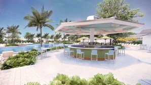 A poolside bar with a circular seating area, a pool, and palm trees. - 2BR Family | Saddlebrook Resort | Super Pool, Nature Trails, Car-Free Village (Wesley Chapel)