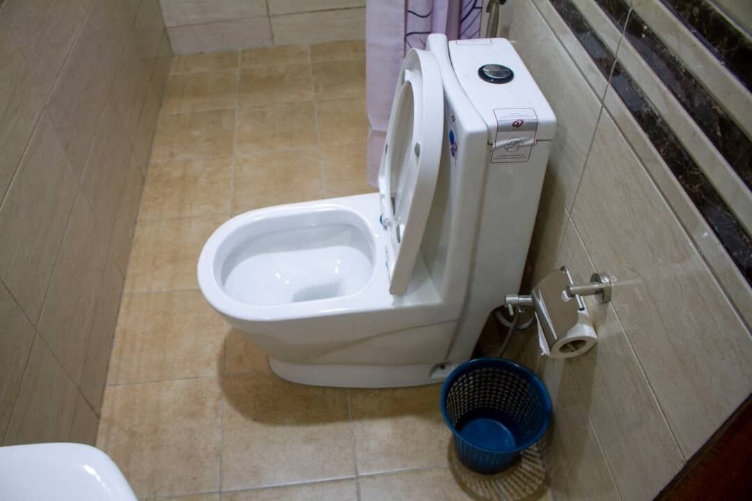 Un inodoro blanco estándar con asiento bidé, una cesta de plástico azul y un dispensador de papel higiénico en el suelo.