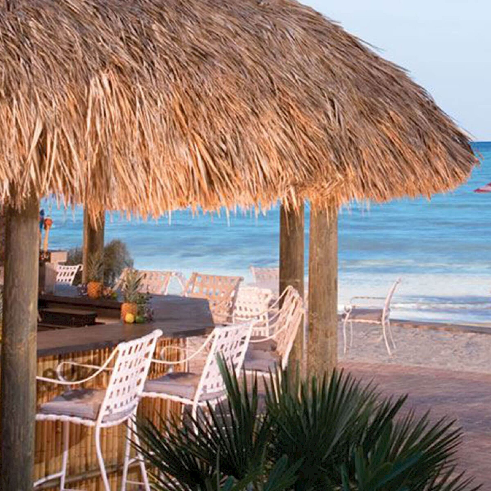 Een eetgedeelte aan het strand, met rieten dak, houten stoelen en een tafel gedekt met fruit.