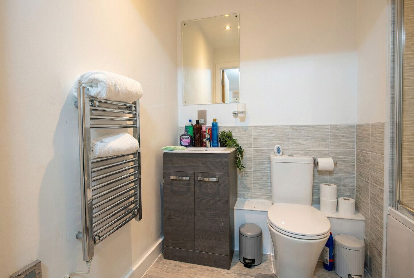 Un baño con toallero, armario, inodoro y espejo.