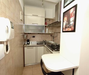 A compact kitchen with a gas stove, a sink, and a coffee maker. - BIG Fiera Terrace (Amendola - Duomo M1) (Milan)