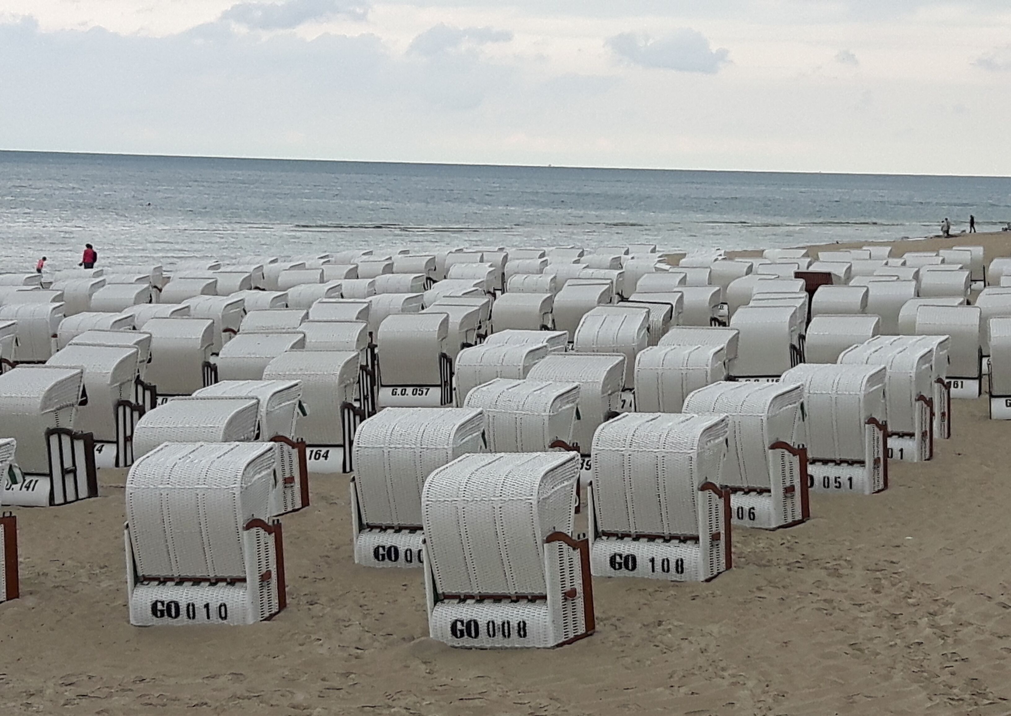 Rows of white, numbered, wicker-style beach chairs on a sandy beach with the ocean in the background.
