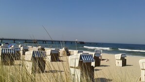 Des chaises de plage alignées sur le sable, une jetée en arrière-plan et l’océan.