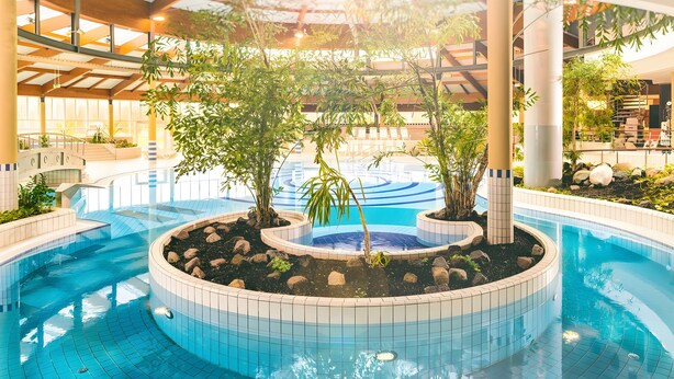 Une piscine intérieure dotée d’un îlot central, entouré d’une allée dallée.