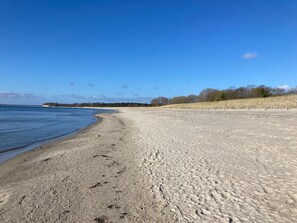 Ein weiter Sandstrand mit sanften Wellen, blauem Himmel und spärlicher Vegetation.