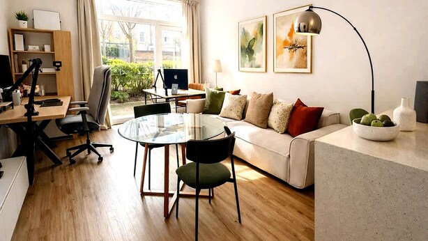 A modern living room with a glass dining table, a sofa, and a desk with a computer. - Stylish 2-bed Apartment With Patio in Chiswick (London)