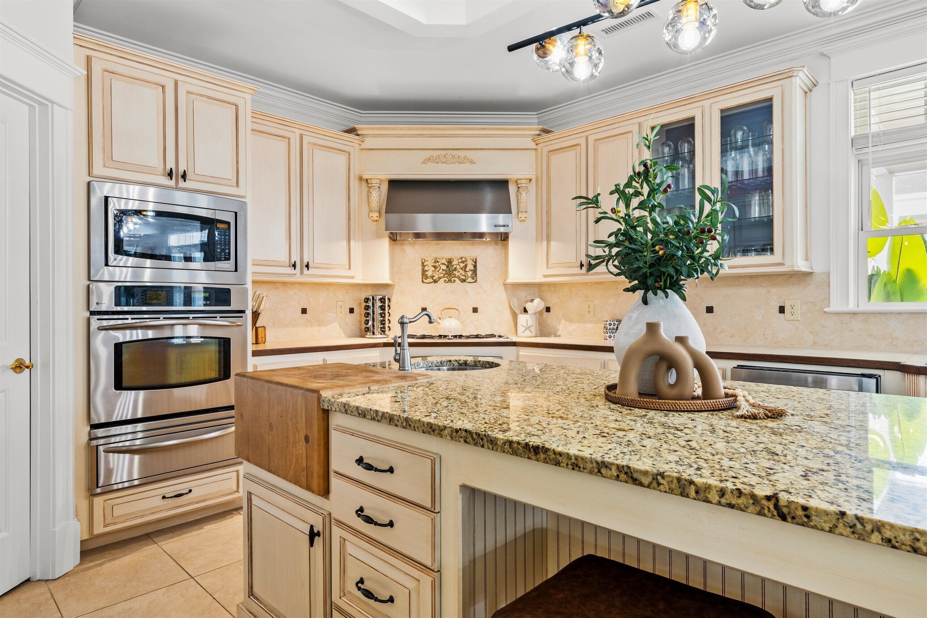 A kitchen with built-in appliances, a granite countertop, and a decorative plant.