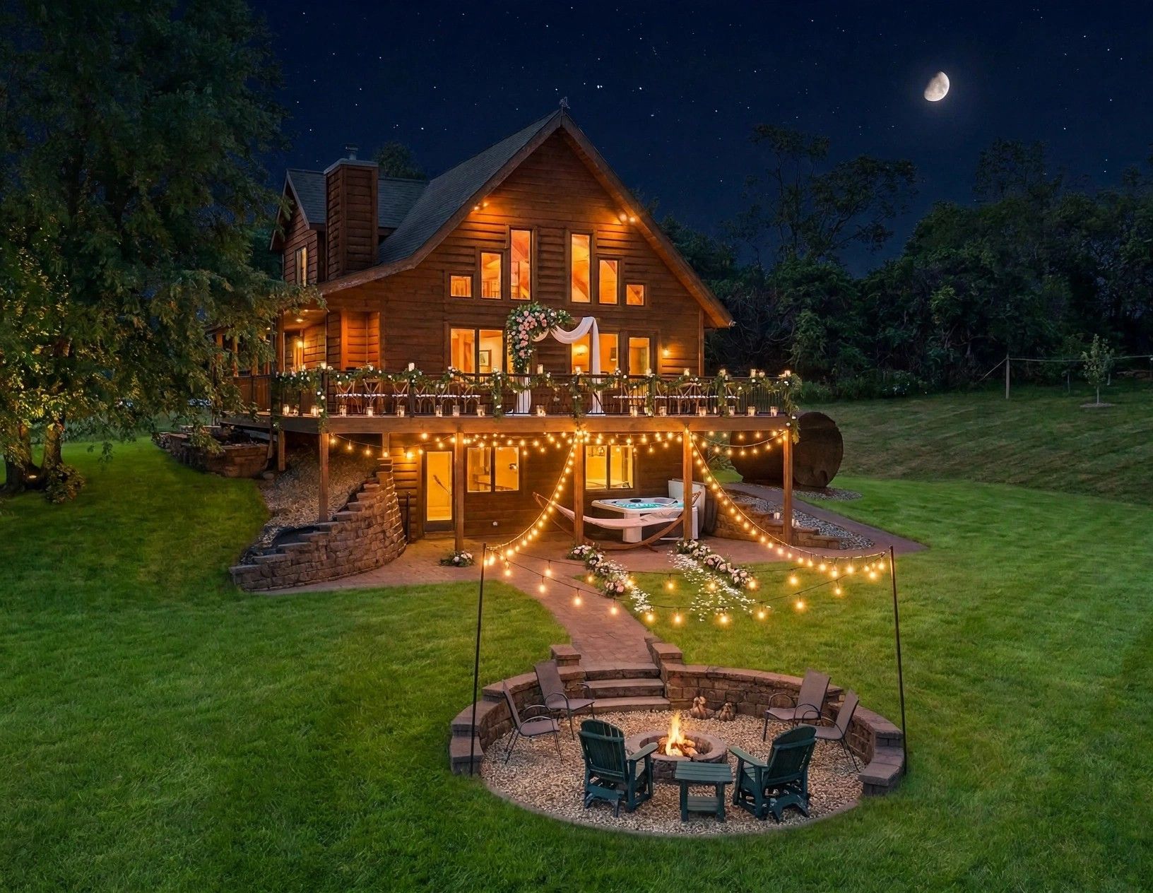 Een houten huis met een balkon, een vuurkorf en lichtjes.