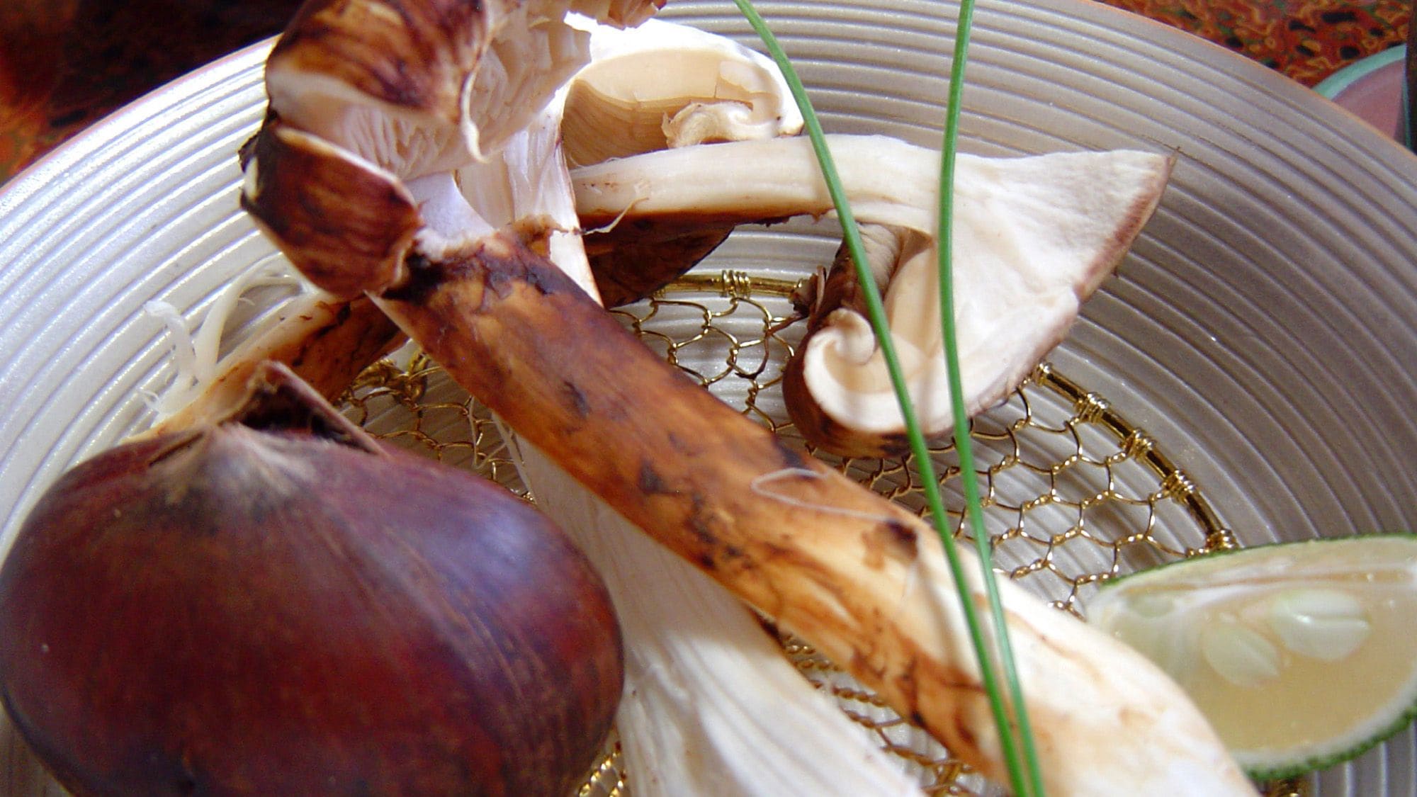 A bowl containing various food items including a piece of meat, a mushroom, and a lime wedge.