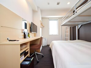 A hotel room with a bunk bed, a desk with a chair, a television, and a window. - Super Hotel JR Nara Station Sanjo Street (Hikone)
