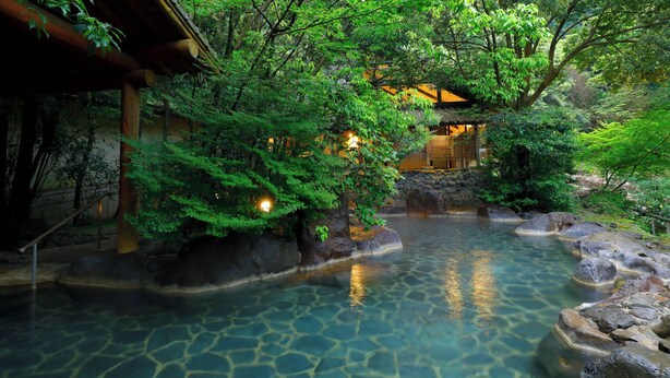 A traditional Japanese garden with a clear pond, rocks, and lush greenery. - Ureshino Onsen Taishouya (Ureshino)