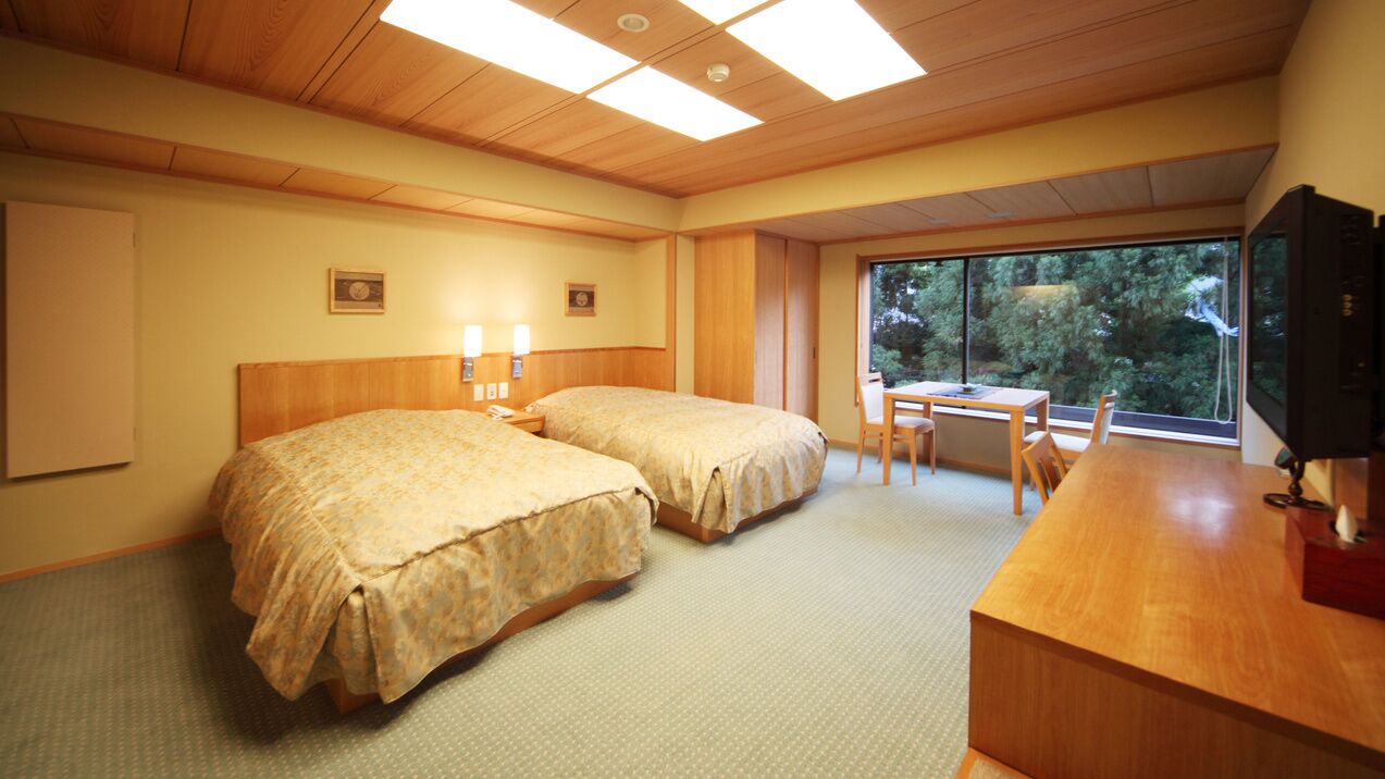 Un dormitorio con dos camas, un escritorio, una silla y un televisor.