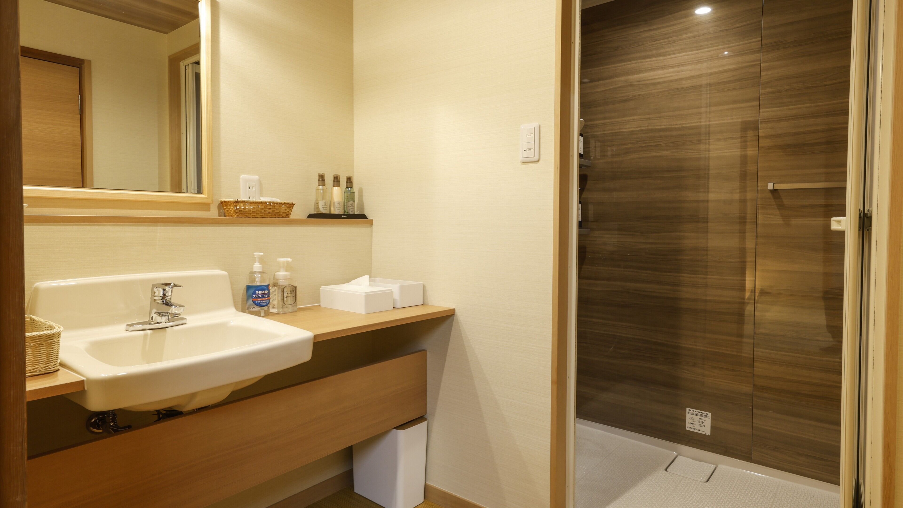 A bathroom with a sink, mirror, and toiletries.