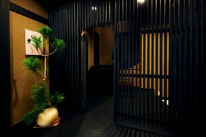 A hallway with a potted plant, a framed picture, and a dark wooden gate.