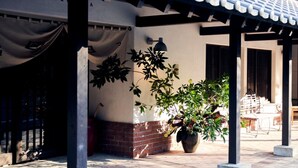 A covered outdoor area with a potted plant, a brick wall, and a pergola structure.