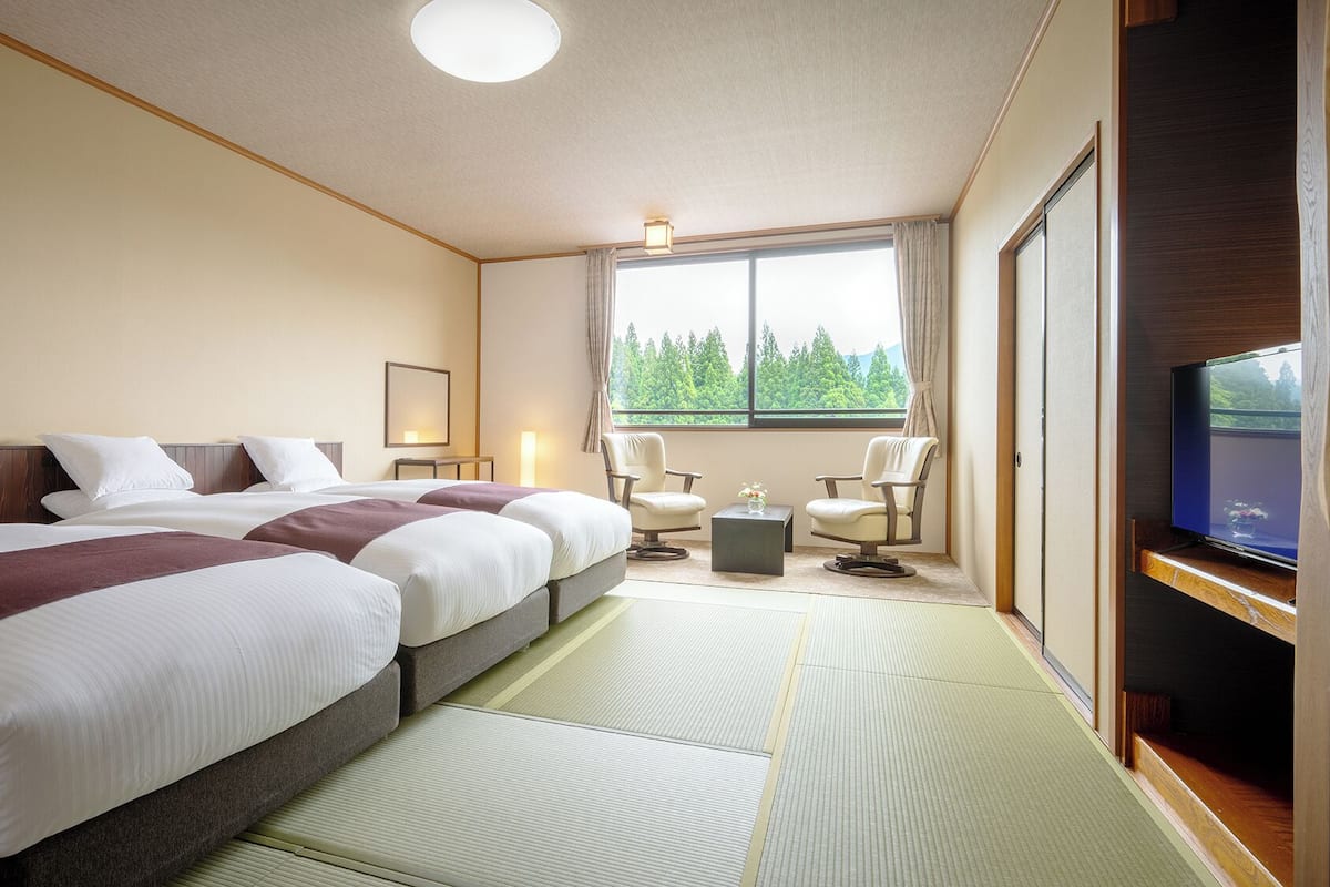 A hotel room with a large bed, two chairs, a small table, a TV, and a window with a view of trees.