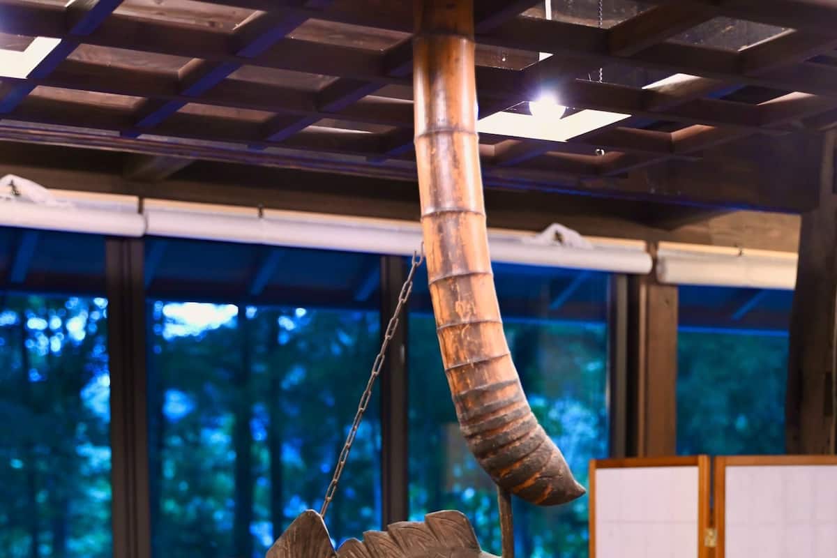 Eine Fischskulptur hängt von einer gebogenen Struktur in einem Raum mit Blick auf Bäume durch große Fenster.