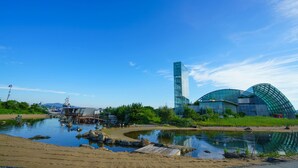 Un edificio moderno con fachada de vidrio y techo curvo, ubicado junto a una masa de agua tranquila con un muelle de madera.