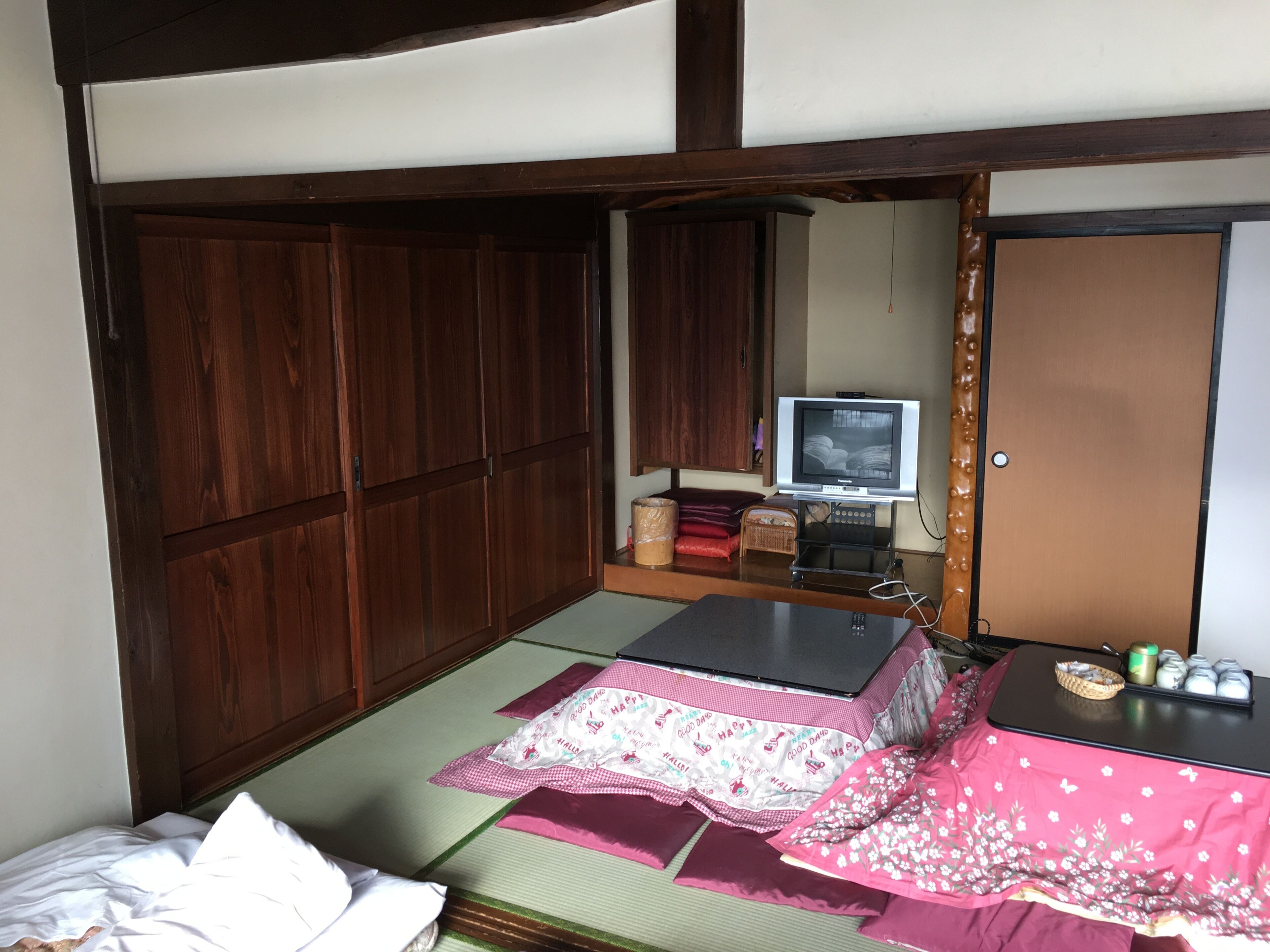 A traditional Japanese-style room with tatami flooring, a futon bed, a television, and a sliding door.