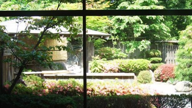 A view through a window of a garden with various plants and a small pond. - Oshuku Onsen Hotel Uguisu (Shizukuishi)