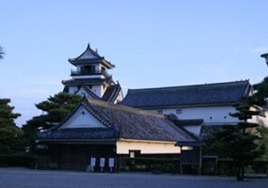 Perinteinen japanilainen rakennus, jossa on huomattava pagodi, päärakennus ja pienempi sivurakennus.