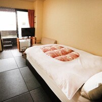 Una habitación de hotel con cama, televisión, escritorio y vistas al exterior.