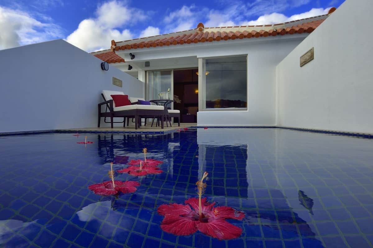 A swimming pool with hibiscus flowers, a white building with a tiled roof, and a chair outside.