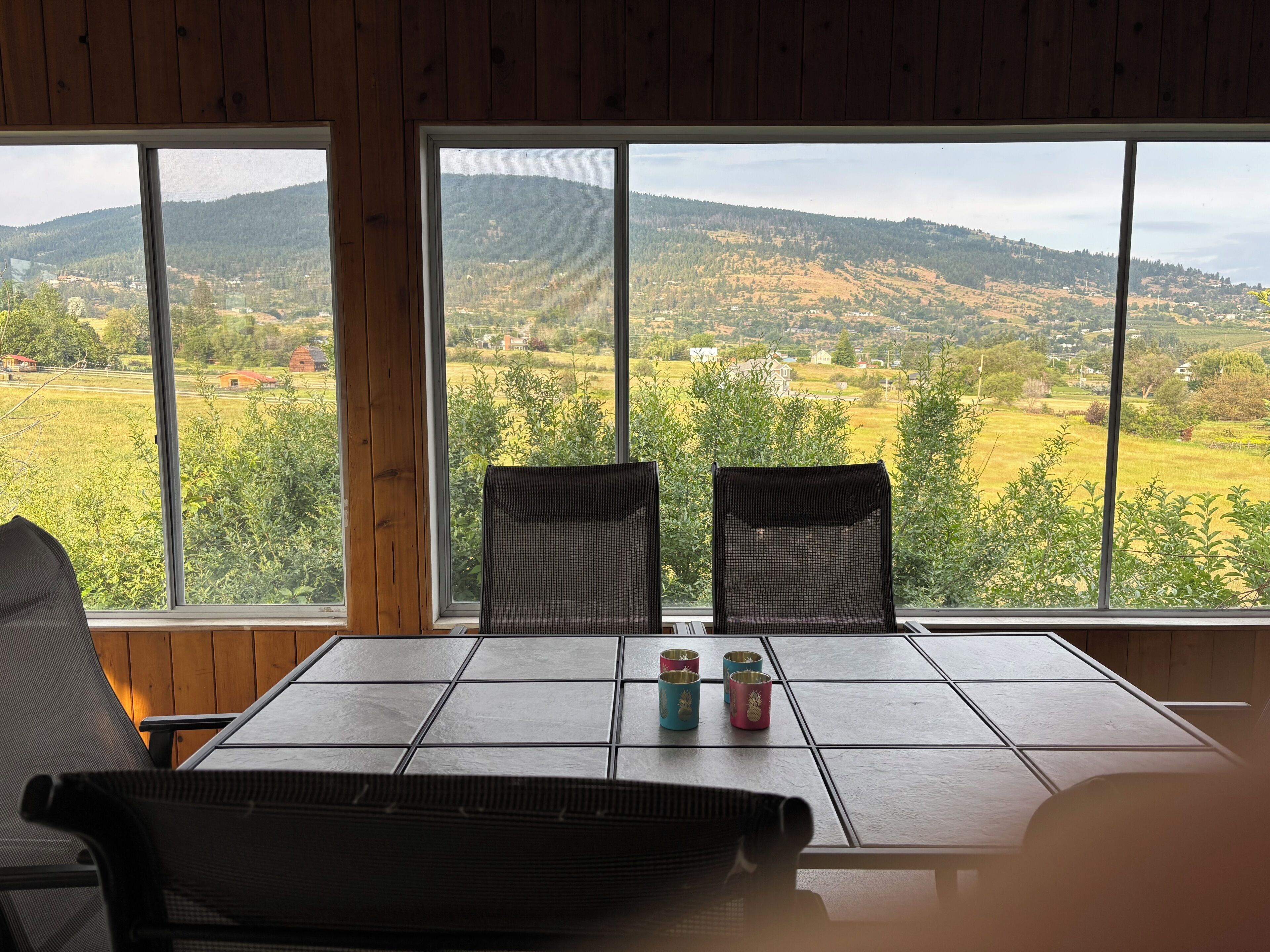 Une pièce dotée d’une grande fenêtre, de deux chaises, d’une table et offrant une vue sur un paysage vallonné.