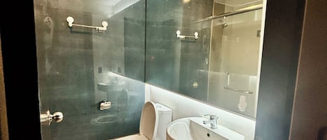 シャワー、ビデ、タオル、トイレットペーパー