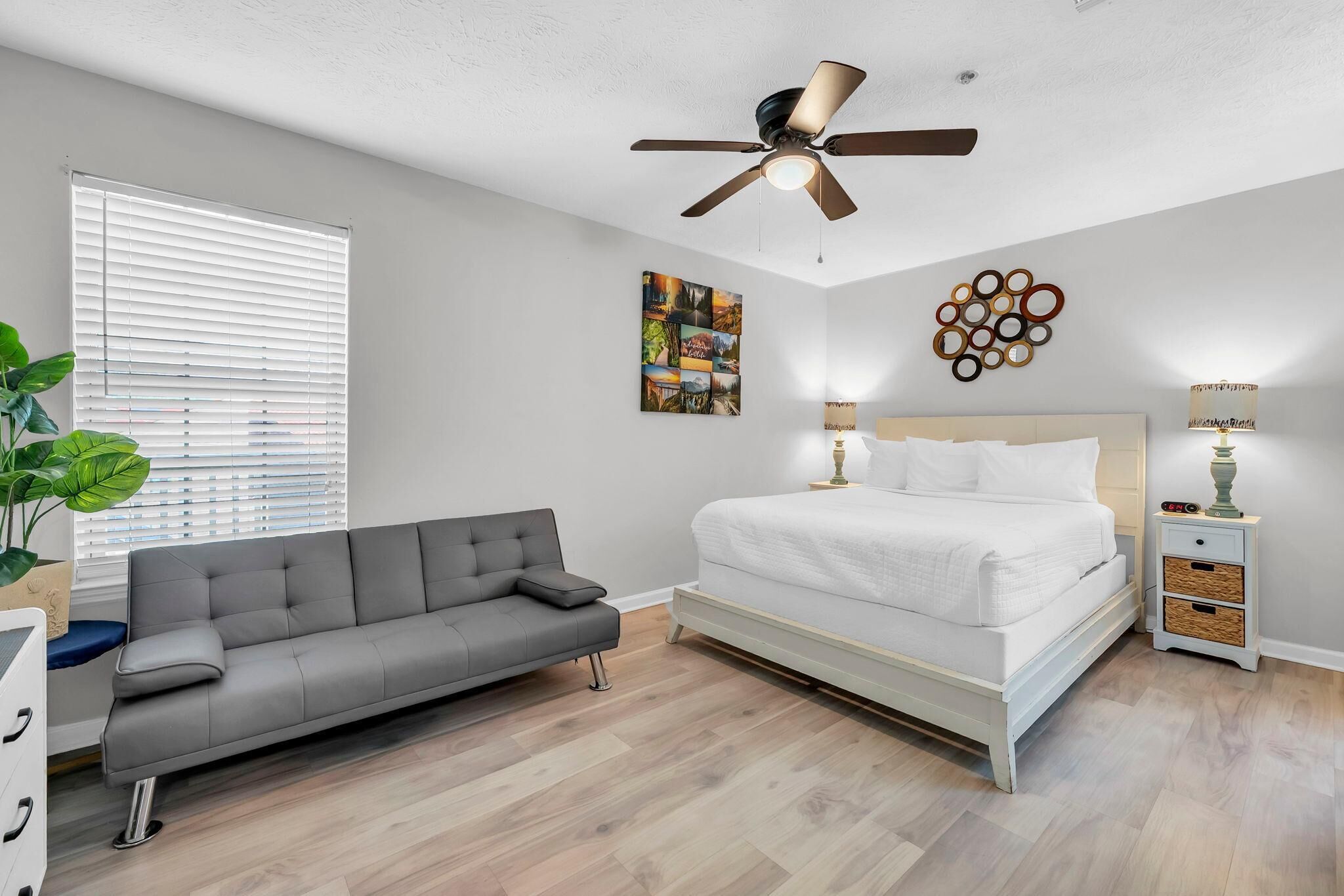 A bedroom with a bed, a gray sofa, a ceiling fan, a wall with circular decorations, and a window with blinds.