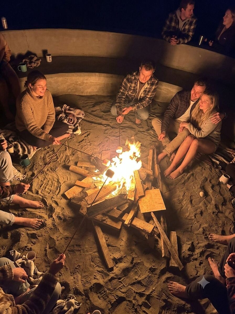 A group of people around a campfire in a sandy outdoor setting.