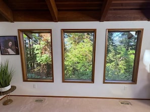 Habitació amb tres finestres que donen vista a una zona boscosa.