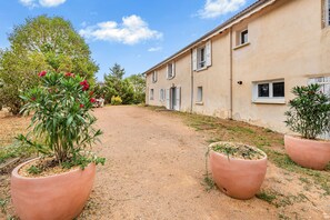 Un bâtiment avec un chemin de terre menant à une porte, entouré de plantes en pot et d’arbres.