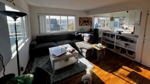 A living room with a sofa, coffee table, and a dog. There are windows, a bookshelf, and a kitchen area visible.