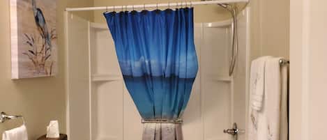 Secadora de cabello, toallas, jabón, papel de baño