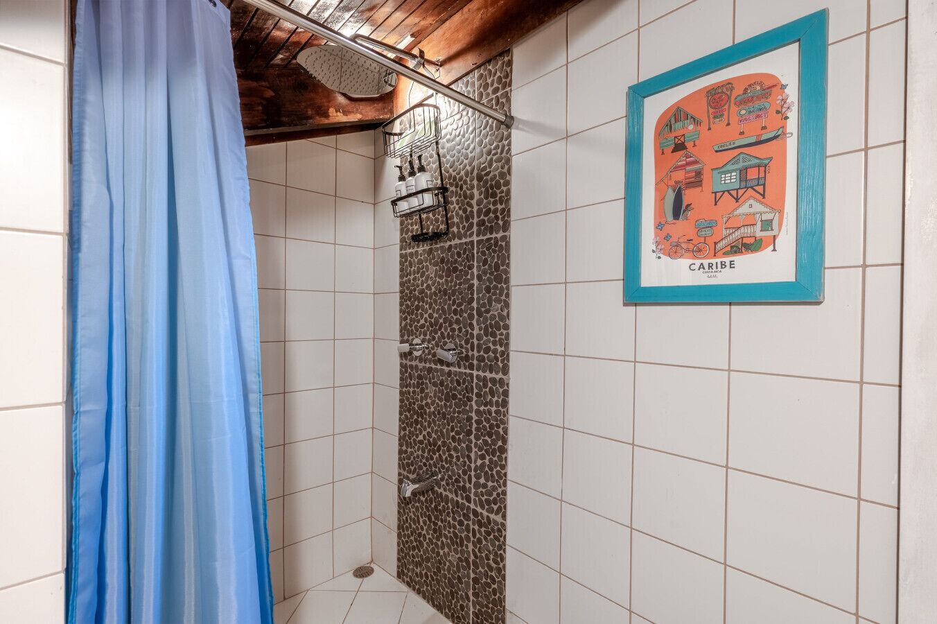 Ein Badezimmer mit Dusche, gefliesten Wänden, einem Duschvorhang und einem gerahmten Bild an der Wand.