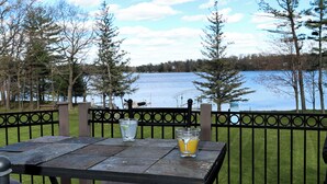 Mesa al aire libre con dos bebidas, vista a un lago y árboles.