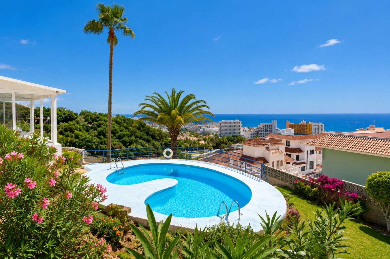 Una piscina de borde curvo, rodeada de exuberante vegetación y una palmera.