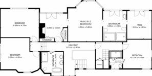 A floor plan with three bedrooms, two bathrooms, a storage area, and a hallway.