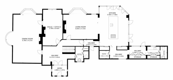 A floor plan with a dining room, living room, kitchen, snug/office, entry, hallways, storage, and two bathrooms.