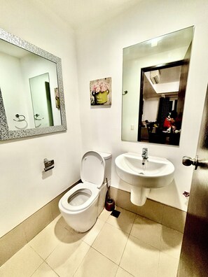 Regadera, bidet, toallas, papel de baño 