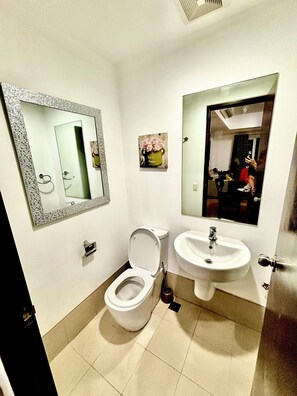 Regadera, bidet, toallas, papel de baño 