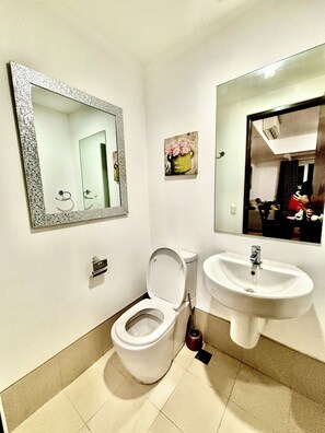 Regadera, bidet, toallas, papel de baño 