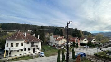 A residential area with houses, a road, and a power line.