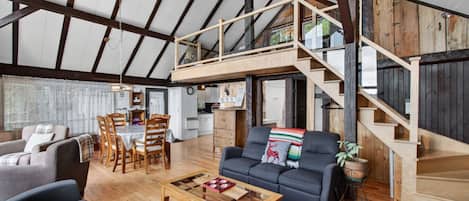 TV, fireplace, books