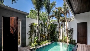 Un espace piscine moderne avec une terrasse en bois, entouré de plantes tropicales et bordé d’un mur blanc.