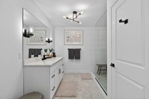 Hair dryer, towels, soap, toilet paper