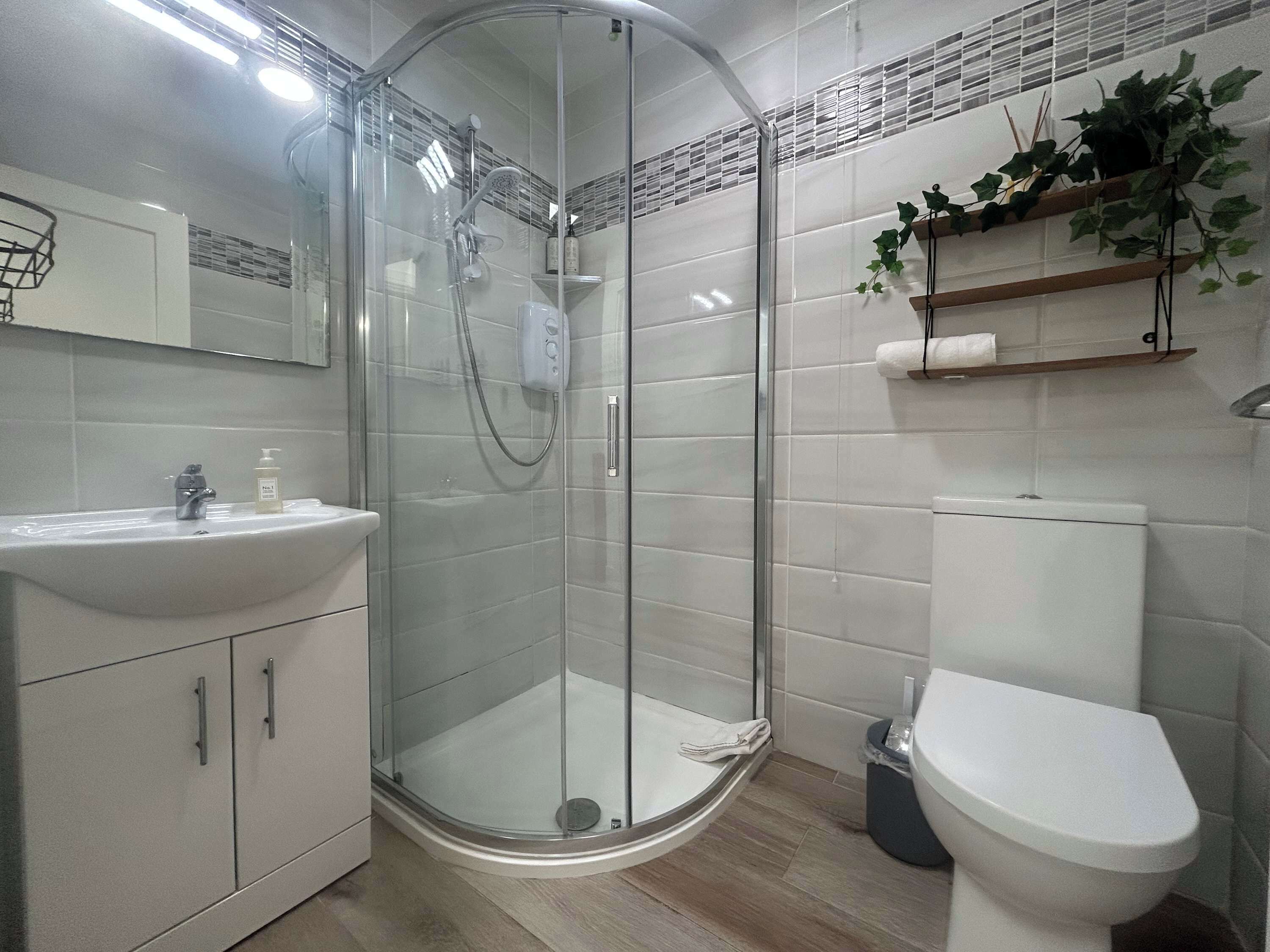 Shower, hair dryer, shampoo
