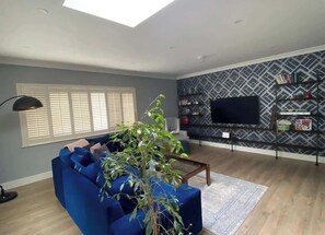 A living room with a blue sofa, a plant, a TV, and a patterned wall.